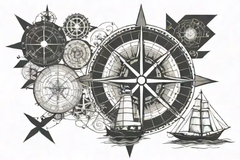 sea, lighthouse, phrases, wind rose, morse code, ship rudder tattoo design idea