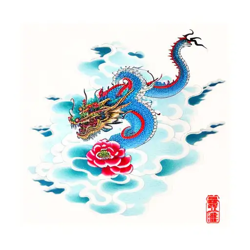 TOP clouds with Ascending Dragon with 3 Red peonies throughout Waves at bottom tattoo design idea