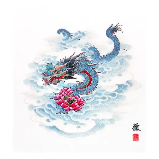 TOP clouds with Ascending Dragon with 3 Red peonies throughout Waves at bottom tattoo design idea