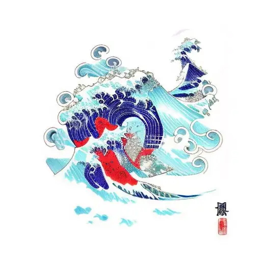 Waves at bottom black Japanese cloud back bold lines tattoo design idea