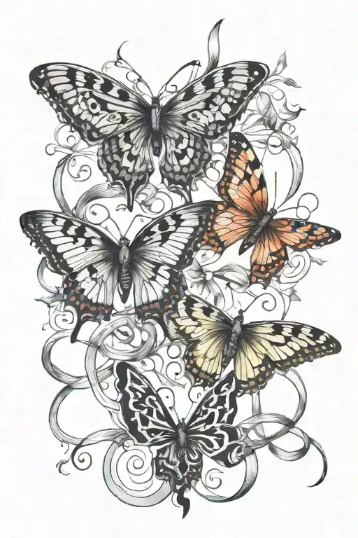 3 butterflies connected by ribbon with names intertwined tattoo design idea