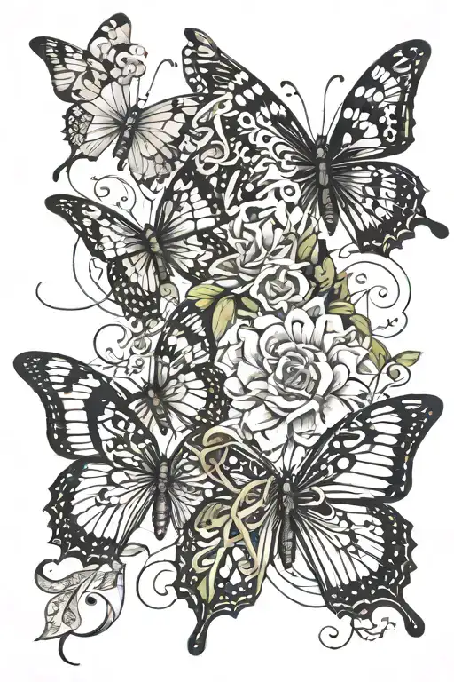 3 butterflies connected by ribbon with names incorporated tattoo design idea