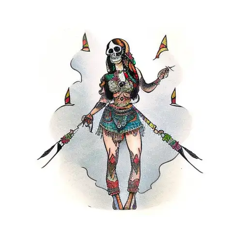 Traditional Gypsy woman Half skull tattoo design idea