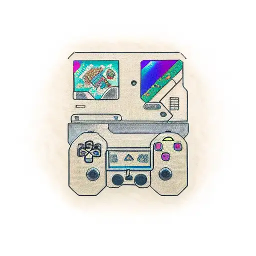 A traditional tattoo design showcasing a classic Playstation memory card as the centerpiece, surrounded by intricate patterns and symbols representing the client's favorite video games. tattoo design idea