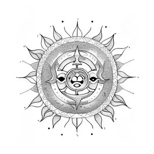 A tattoo design incorporating the sun in Leo and a spiral made up of interconnected circles, using dotwork technique. tattoo design idea