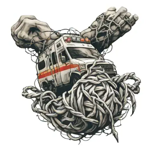 person wrapped in barbed wire with ambulance in background  tattoo design idea