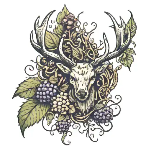 deer antler turning into a black raspberry vines and underneath the words written Here I Am tattoo design idea
