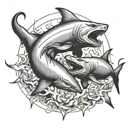 Bull and shark fighting each other tattoo design idea
