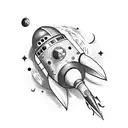 A space-themed tattoo of a rocket ship flying towards a moon made of wine tattoo design idea