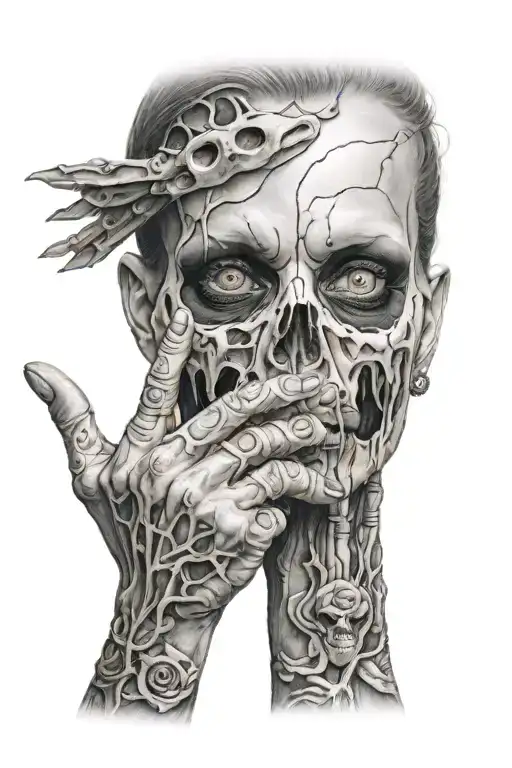 horror set, girl with fear in her eyes, creepy hand rips off the lower part of her skull tattoo design idea