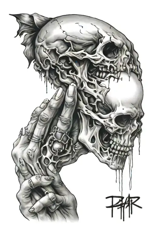 horror set, girl with fear in her eyes, creepy hand rips off the lower part of her skull tattoo design idea