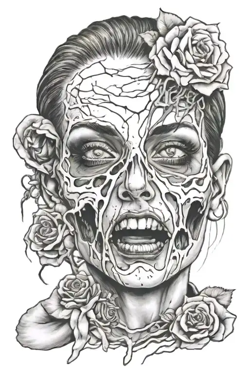 horror set, girl with fear in her eyes, creepy hand rips off the lower part of her skull tattoo design idea