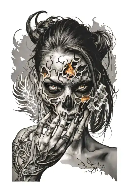 horror set, girl with fire in her eyes, creepy hand rips off the lower part of her skull tattoo design idea