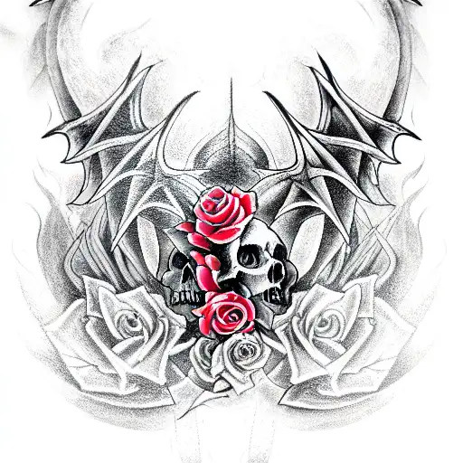dragon arm sleeve with roses and skulls tattoo design idea