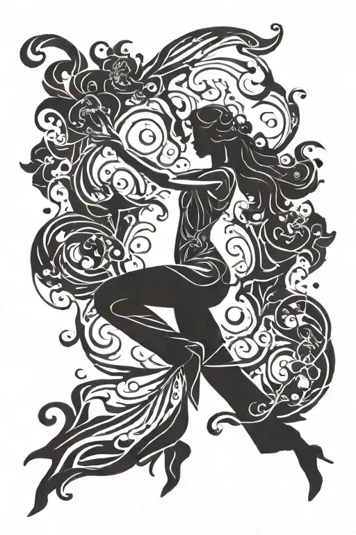Flamenco dancer silhouette intertwined with abstract flames tattoo design idea