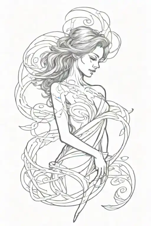 A sketch of a sensual muse intertwined with flowing calligraphy script tattoo design idea