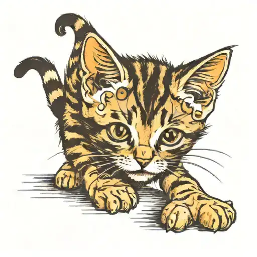 a grown up kitten stands on its hind legs. the front legs are bent at the elbows, the kitten has different eyes. the kitten is wearing a children's T-shirt tattoo design idea