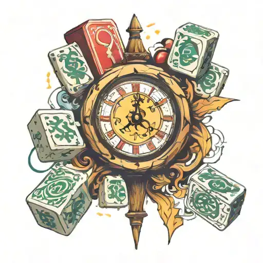 7pm clock with cards forming and mahjong dice set tattoo design idea