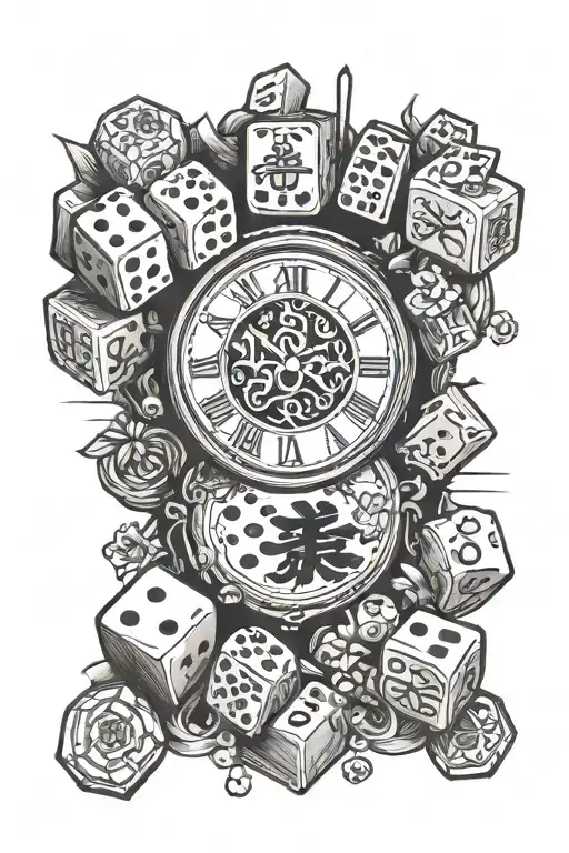 7pm clock with Japan flag and mahjong dice and cards tattoo design idea