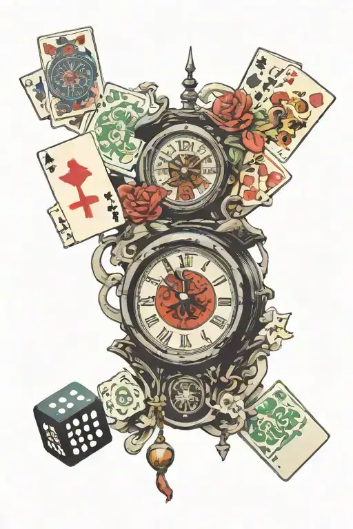 7pm clock with Japan flag and arrange cards and mahjong dice tattoo design idea