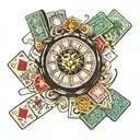 7pm clock with cards forming and mahjong dice set tattoo design idea
