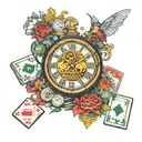 7pm clock with cards forming and mahjong dice set tattoo design idea