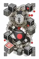 Japan flag and arrange cards and mahjong dice symbolizing the gamble tattoo design idea