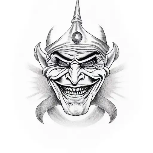 evil Jester smiling. three point hat tattoo design idea