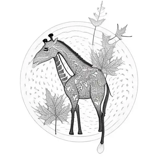 A giraffe playing a guitar surrounded by autumn leaves tattoo design idea