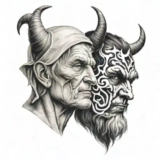 God and the devil face to face with a serious look tattoo design idea
