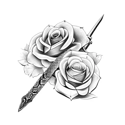 sword with snake and roses  tattoo design idea