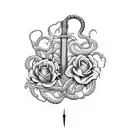 sword with snake and roses vines tattoo design idea