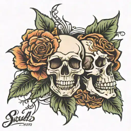 skulls and roses blooming with the date 20/09/2021 death tattoo design idea