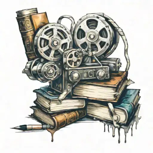 A movie reel intertwined with a paintbrush and a stack of books, symbolizing the client's love for movies and writing tattoo design idea