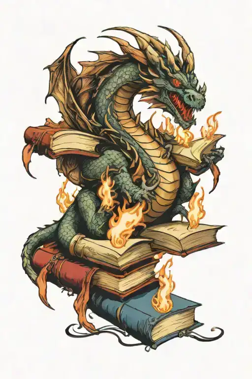 A D&D themed tattoo featuring a dragon breathing fire onto a stack of books tattoo design idea