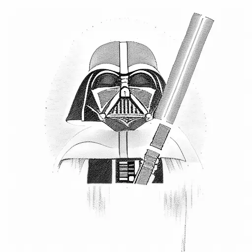 Darth Vader holding a lightsaber in a blackwork style tattoo design idea