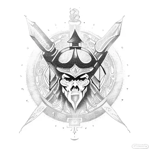 A hermetic warrior surrounded by mystical symbols and sigils tattoo design idea