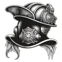 Create a tattoo of a firefighter helmet with a gear shift knob incorporated into the design, representing your occupation and love for cars tattoo design idea