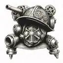 Create a tattoo of a firefighter helmet with a gear shift knob incorporated into the design, representing your occupation and love for cars tattoo design idea