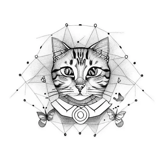 Minimalistic cat and three butterflies  tattoo design idea