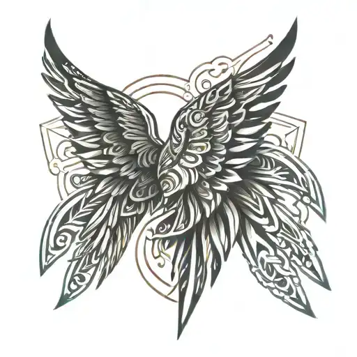 Stylized tribal wings tattoo design extending from elbow to back, incorporating geometric patterns tattoo design idea