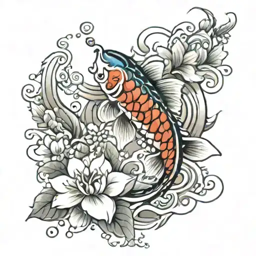 Stunning Japanese half-sleeve tattoo design featuring a vibrant koi fish. Intricate, colorful artwork in traditional Ire tattoo design idea