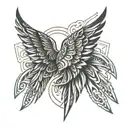 Stylized tribal wings tattoo design extending from elbow to back, incorporating geometric patterns tattoo design idea