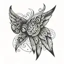 Stylized tribal wings tattoo design extending from elbow to back, incorporating geometric patterns tattoo design idea