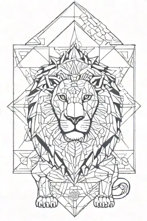 A geometric lion with Buddha or Shiva at the center, surrounded by creative shapes." tattoo design idea