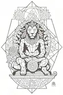 A geometric lion with Buddha or Shiva at the center, surrounded by creative shapes." tattoo design idea