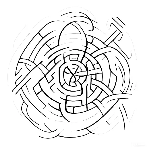 Curious cat exploring a mysterious labyrinth tattoo design idea