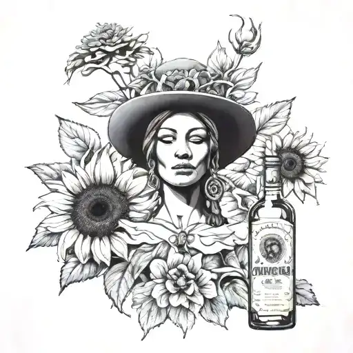 the goddess nemesis portrait centered in front of a sunflower with a Jose cuervo bottle as a vace tattoo design idea