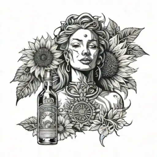 the goddess nemesis portrait centered in front of a sunflower with a Jose cuervo bottle as a vace tattoo design idea