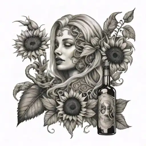 nemesis goddess of revenges portrait and a sunflower with a Jose cuervo bottle as a vace centered behind nemesis portrai tattoo design idea